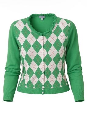 Jessica Green White Argyle Ruffled Collar Women's Crewneck Cardigan Sweater Sz L